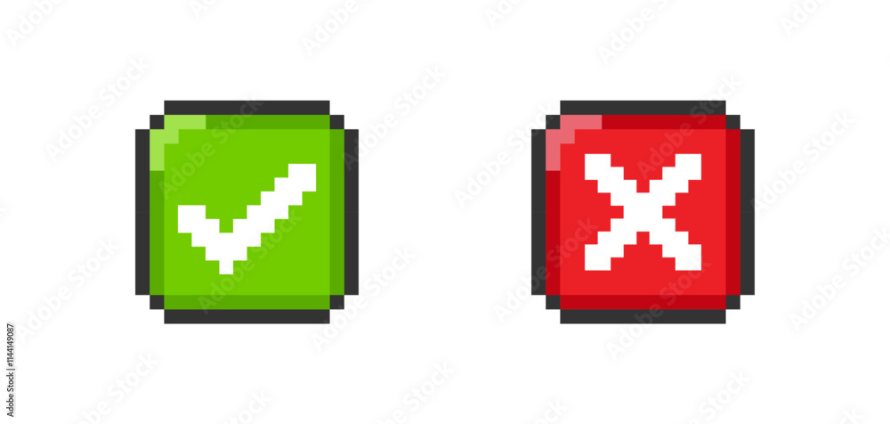 Poster pixel check mark and cross mark. 8-bit game icon. vector isolated