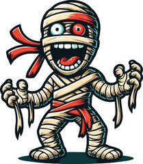 Happy Mummy Cartoon Character: A cheerful mummy cartoon character with a big smile, one eye peeking out from the bandages, and a red ribbon tied around his head.