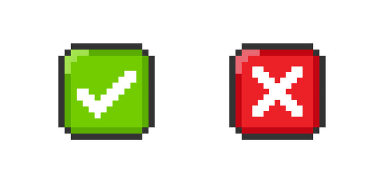 Pixel check mark and cross mark. 8-bit game icon. Vector isolated