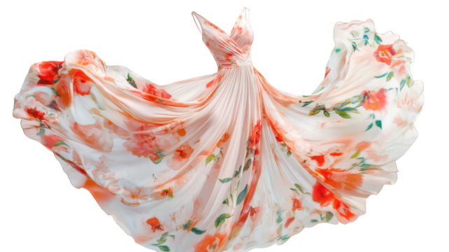 Delicate floral dress floating gracefully in the air against a transparent background captured in bright lighting.