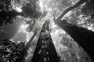Serene majestic blackandwhite image dense forest bathed soft warm light showcasing towering trees intricate textures evoking sense grandeur tranquility