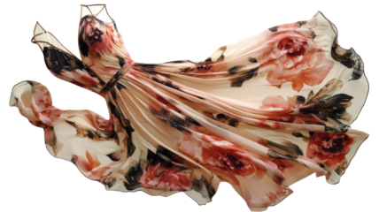 Elegant floral dress displayed in mid-motion with soft, flowing fabric on a transparent background.