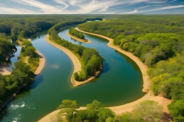 "Stunning River Landscape with Lush Green Forest Mountain Views, and Clear Sky in a Beautiful Natural Environment"

