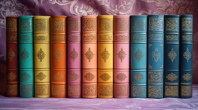 Row of colorful antique books lined up on a purple cloth background.