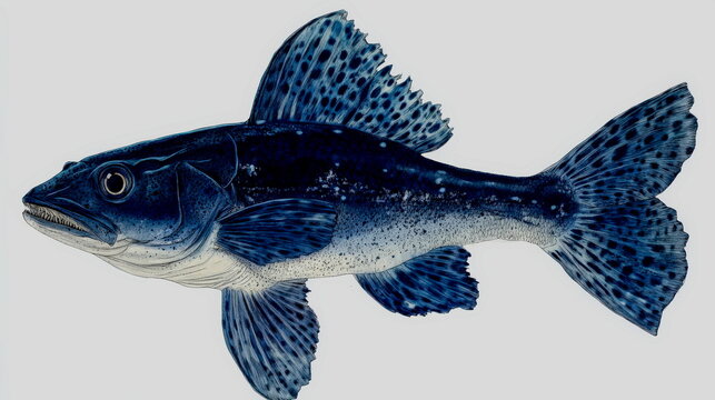 A stylized coelacanth fish with deep blue hues and unique prehistoric features, illustrated cleanly