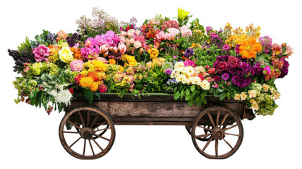 Colorful flower cart filled with various blooms displayed outdoors in a charming rustic setting.