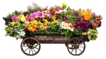 Colorful flower cart filled with various blooms displayed outdoors in a charming rustic setting.
