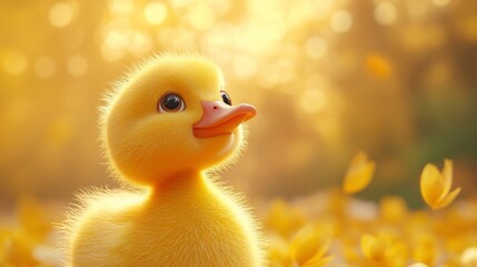 Cute fluffy yellow duckling in golden autumn sunlight.