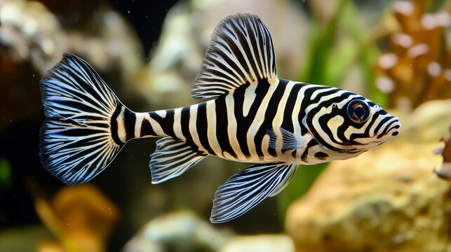 A vibrant zebra pleco fish with intricate black-and-white striped patterns, floating gracefully
