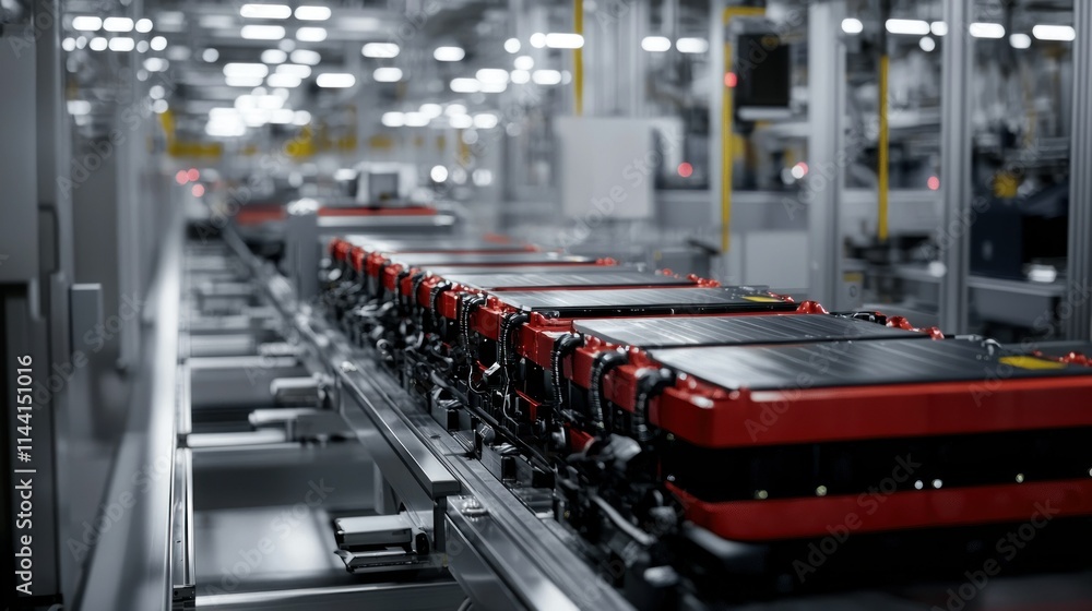 Poster automated assembly line with battery packs in production.