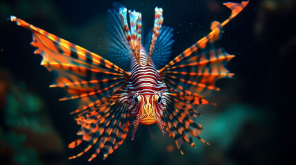 A vivid representation of a red lionfish with dramatic fins and intricate patterns, glowing underwater