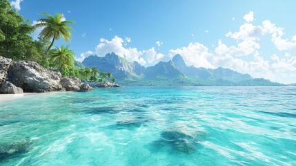 Fototapeta premium Idyllic tropical beach scene with palm trees, clear turquoise water, and majestic mountains in the background under a bright sunny sky.