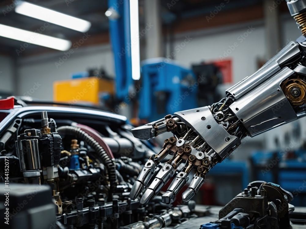 Poster closeup of a humanoid robot hand performing intricate tasks in an advanced manufacturing environment