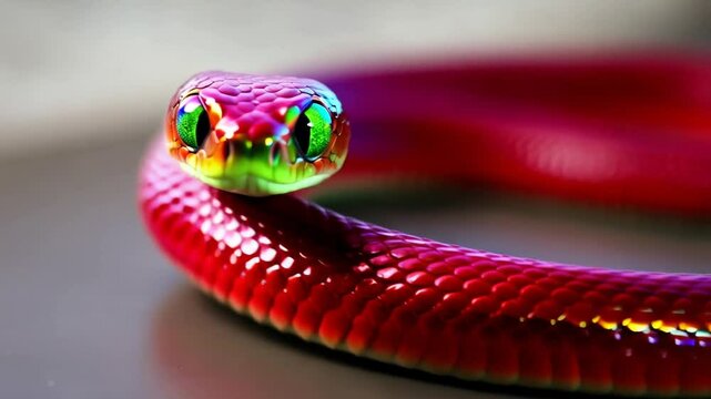 Close-up of a red snake moving smoothly with a striking, colorful pattern
