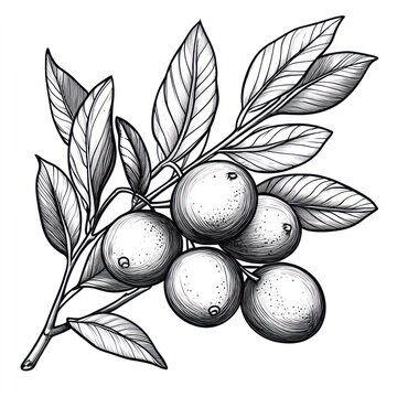 Hand-drawn illustration of a branch with four ripe oranges and leaves.
