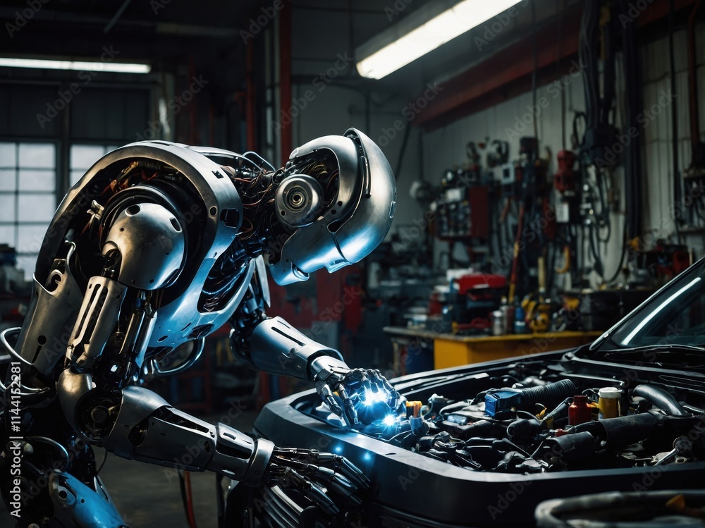 Poster futuristic robot assisting mechanic in a high-tech workshop during daylight, showcasing advanced tec