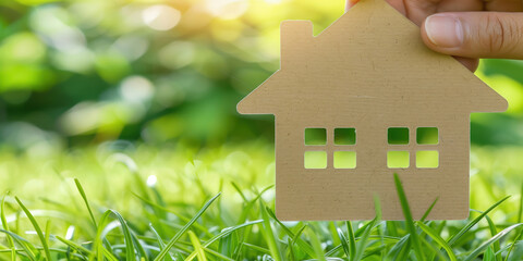 Hand holding a house cutout over lush green grass in a bright, sunlit garden setting