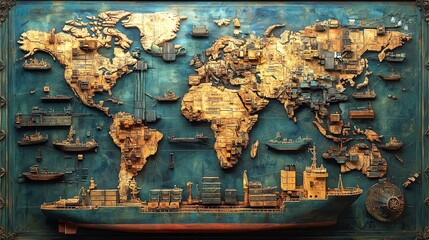 Global logistics network with airplane, cargo ship, and trucks on a world map, representing the flow of goods across continents and efficient trade routes.
