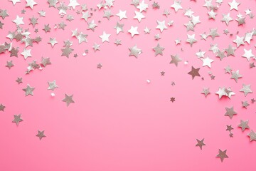 Border frame made of silver colored stars confetti on a pink pastel background.