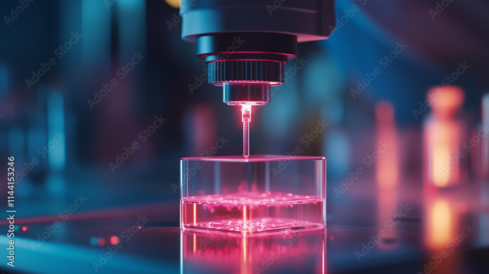 Poster microscope observing biological sample with laser technology in a modern laboratory setting