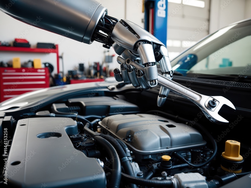 Poster closeup of a humanoid robot's hand using a wrench on a car engine in a workshop setting