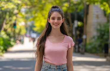 Teenage girl smiles while walking in vibrant urban park on sunny day