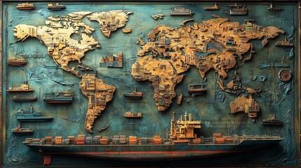 Global logistics network with airplane, cargo ship, and trucks on a world map, representing the flow of goods across continents and efficient trade routes.