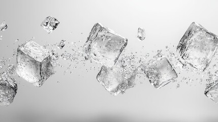 Many ice cubes floating air white background creating refreshing cool visual ideal beverage-related content summer refreshment ideas cooling concepts food photography