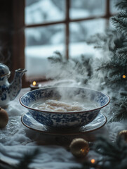 Beautifully crafted porcelain bowl with steaming soup placed near a window during winter with snow and greenery