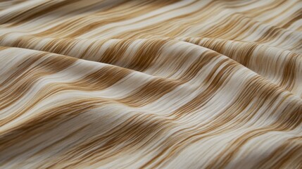 Obraz premium Close-up of soft fabric with elegant beige and white wavy striped patterns, creating a natural flow and textured design ideal for interiors, upholstery, and textile projects.