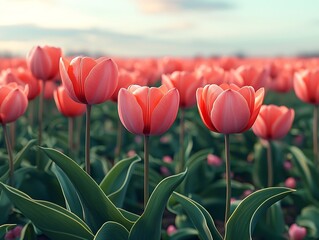 Vibrant Red Tulips in Endless Flower Field with Dreamy Pastel Sky Backdrop