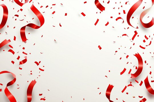 Celebration background frame template with confetti and red White ribbons. Vector illustration 