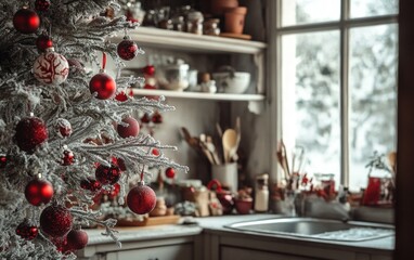 A cozy kitchen featuring a frosted tree with red baubles and soft natural light