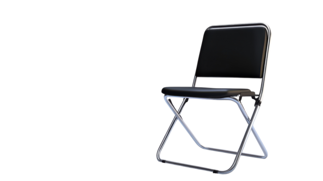A black folding chair with a steel frame positioned against a transparent background for versatile use in various settings.
