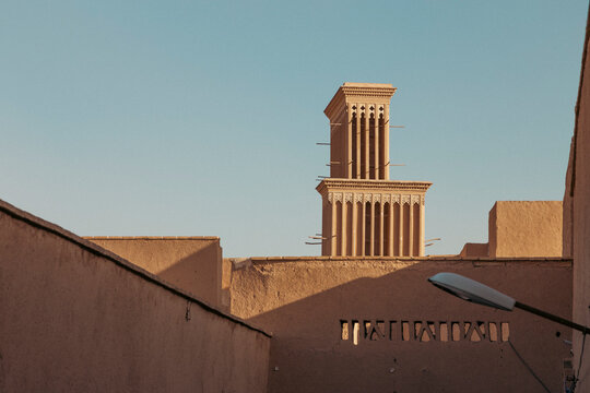 Fabulous wind-catching towers made of adobes in Yazd, Iran in perfect details. 