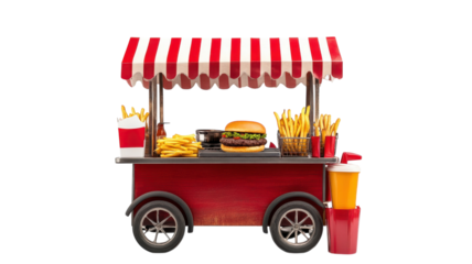 A vibrant food cart serving burgers, fries, and drinks, designed for outdoor events and casual dining, with a red striped canopy.