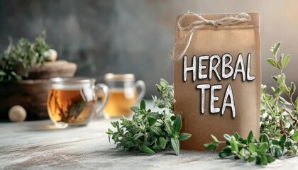 Eco-Friendly Herbal Tea Packaging A Kraft Paper Pouch With Herbs and Tea in the Background.