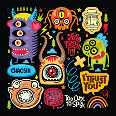 Adorable Monster Doodles Sticker Icons Hand Drawn Coloring Vector 