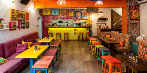 Vibrant cafe interior with colorful seating and lively decor invites relaxation and conversation