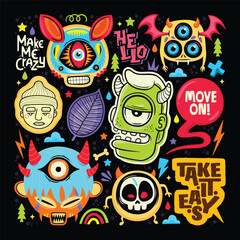 Adorable Monster Doodles Sticker Icons Hand Drawn Coloring Vector 