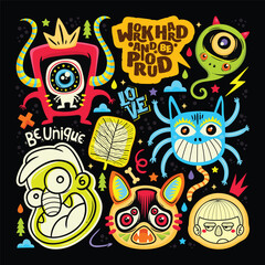 Adorable Monster Doodles Sticker Icons Hand Drawn Coloring Vector 