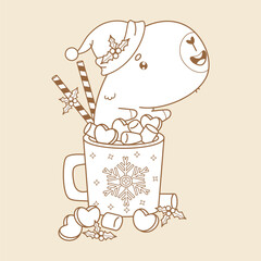 Outline Sweet Christmas Capybara Santa in Mug Hot Cocoa with Marshmallows. Funny winter cartoon kawaii character. Line drawing, coloring book. Vector illustration. Kids collection