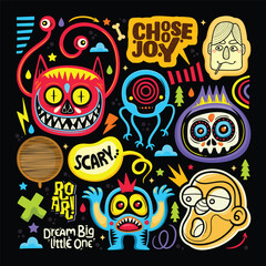 Adorable Monster Doodles Sticker Icons Hand Drawn Coloring Vector 