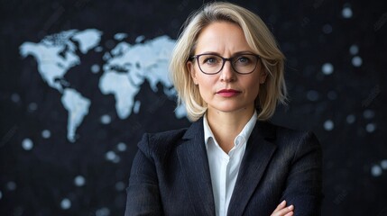 Confident businesswoman with arms crossed, world map background.
