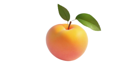 Fresh peach on a transparent background showcasing its vibrant color and green leaves in a natural setting suitable for designs.