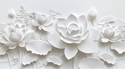 White embossed lotus flowers and leaves on a textured background.