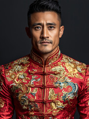 Obraz premium Man in traditional Chinese outfit poses confidently against dark background