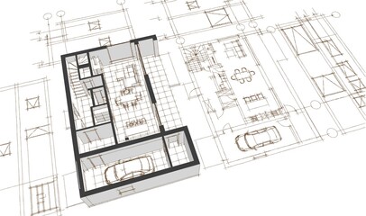 house architectural project sketch 3d illustration	