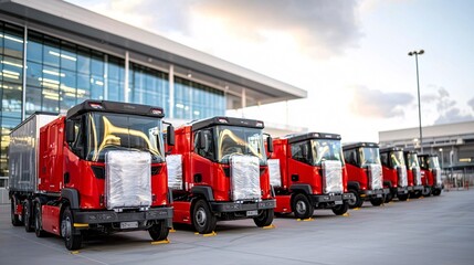 Fototapeta premium A line of red delivery trucks parked outside a modern building, showcasing urban logistics and transportation.