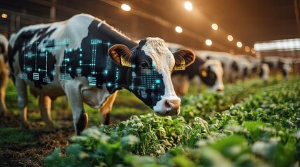 Modern dairy farm digital data overlays representing agricultural technology illustrating how smart systems sensors IoT are revolutionizing dairy operations enhanced productivity sustainability